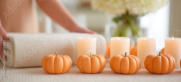 Obraz Mini pumpkin candle table autumn child helping decor cozy home celebration. child helps set cozy autumn table with mini pumpkins and candles creating warm festive atmosphere for seasonal