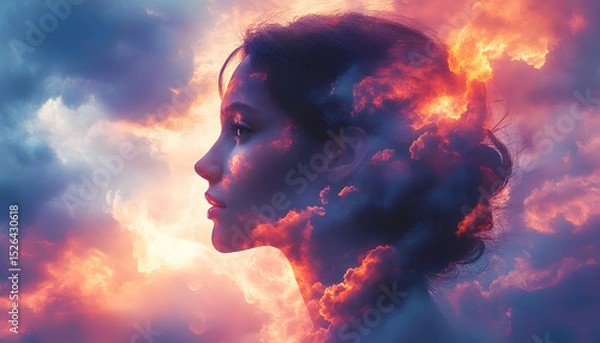 Obraz Artistic double exposure image of woman profile intertwined with clouds. Symbolizes nature, human emotion. Surreal portrait, dramatic atmospheric beauty, movement, energy, face expression art.