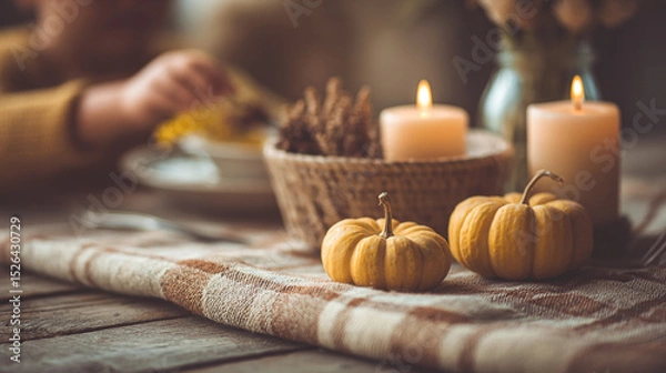 Obraz Mini pumpkin candle basket pinecone rustic table autumn cozy warm plaid child