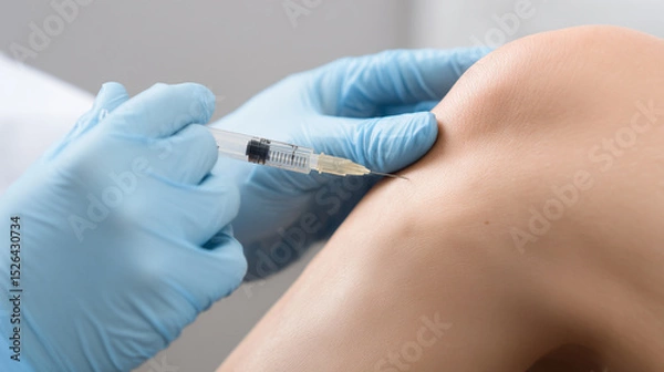 Obraz Closeup of medical professional gloved hands giving injection to patient knee, showing careful technique and clinical environment