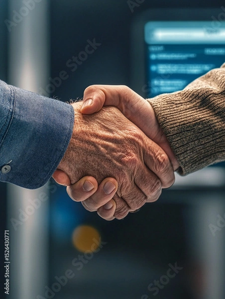 Obraz Closeup handshake between two people, one in blue shirt and other in brown sweater, symbolizing agreement, partnership, and trust in business setting
