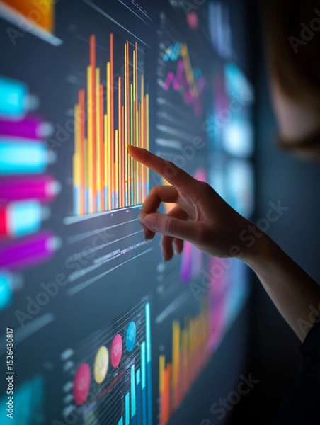 Obraz Dynamic midshot of young businesswoman analyzing colorful data charts on digital screen, focusing on interactive graphs and financial statistics in modern office setting
