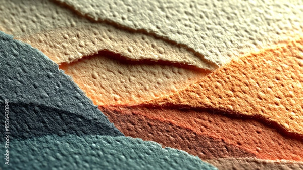 Obraz Textured paper background with layered torn edges in blue, orange, and cream colors, creating abstract landscape pattern with tactile, organic feel