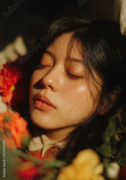 Obraz Closeup portrait of mysterious woman with long black hair, soft natural light, surrounded by vibrant flowers, serene and dreamy expression, smooth skin, warm tones