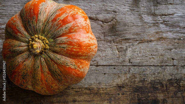 Obraz Single round pumpkin with orange and green streaks sits on rustic wooden surface, showcasing natural texture and autumn harvest mood