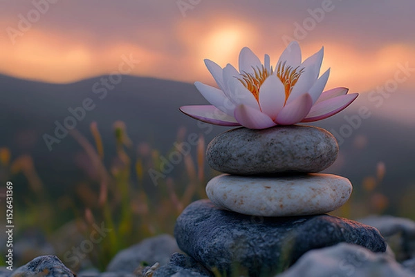 Obraz A stack of smooth stones topped with a lotus flower is set against a serene sunset backdrop, symbolizing tranquility and balance.