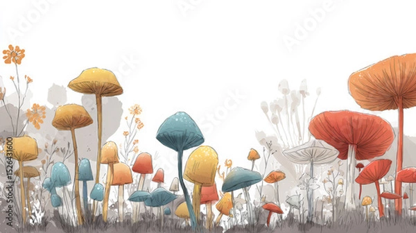 Fototapeta A charming hand-drawn sketch of a mushroom forest, brought to life with soft, whimsical colors against a clean white background. Generative AI