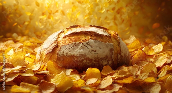 Obraz Unexpected bread surrounded by an ocean of golden potato chips showcases a quirky contrast in a whimsical food arrangement