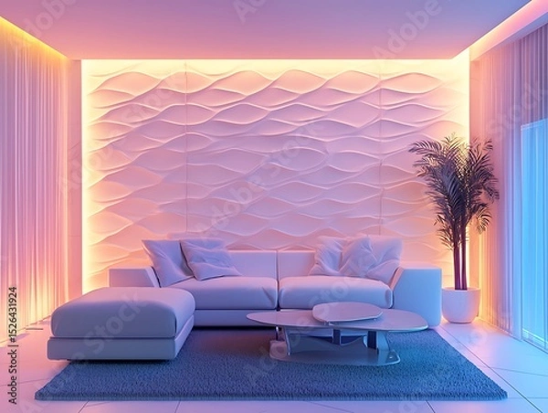 Obraz Modern living room with white sofa textured wall and soft lighting in a minimalist style