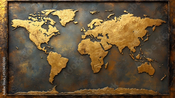 Obraz Antique world map embossed in gold, framed in metal
