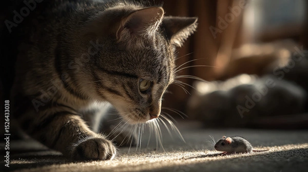 Fototapeta A playful cat engaging with a mouse, captured in a candid and dynamic moment of curiosity and instinct. Generative AI