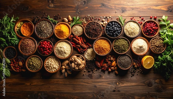 Fototapeta Creative arrangement of superfood ingredients on a wooden table for a warm earthy feel with rich textures and colors