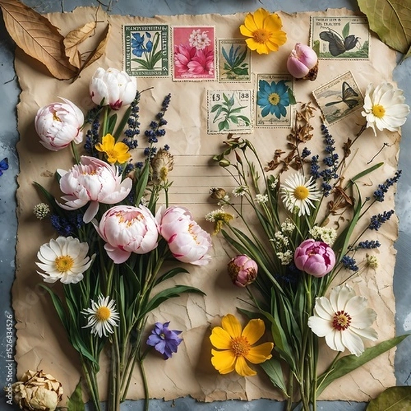 Fototapeta Vintage Flatlay of Dried Flowers and Botanical Stamps on Aged Paper