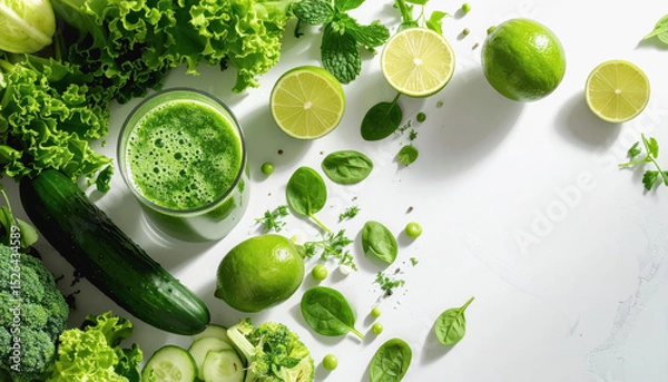 Fototapeta A colorful variety of fresh vegetables and fruits displayed together for a refreshing detox drink