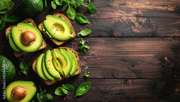 Fototapeta Beautifully styled avocados on a wooden table displaying freshness with rich greens and natural textures