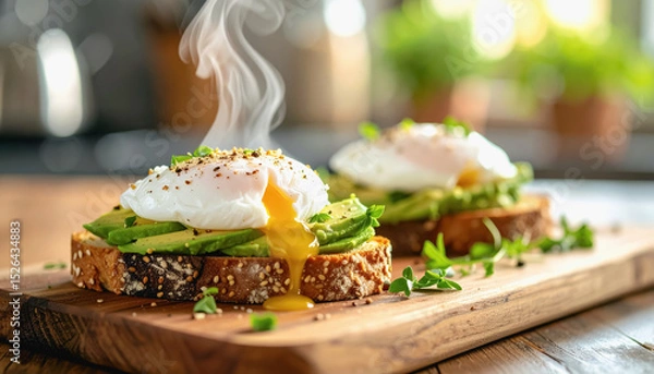 Fototapeta Close-up of delicious avocado toast topped with a poached egg on a wooden board with delicate steam rising