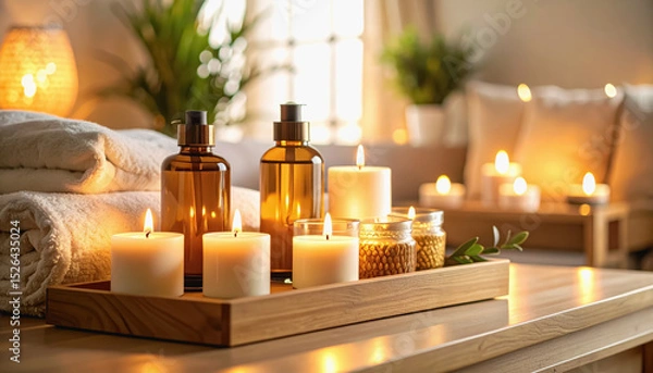 Fototapeta Cozy home spa setup with candles and essential oils creating an inviting ambiance with warm golden lighting