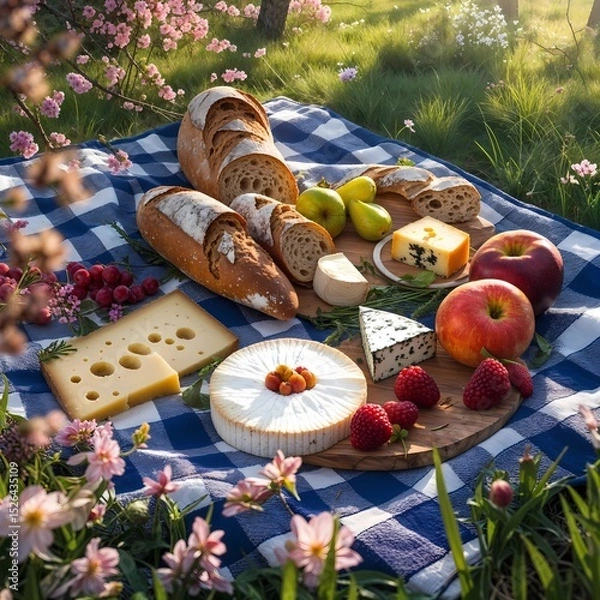 Fototapeta Rustic Picnic with Bread, Cheese, and Fruits on Blue Checkered Blanket in Sunny Garden