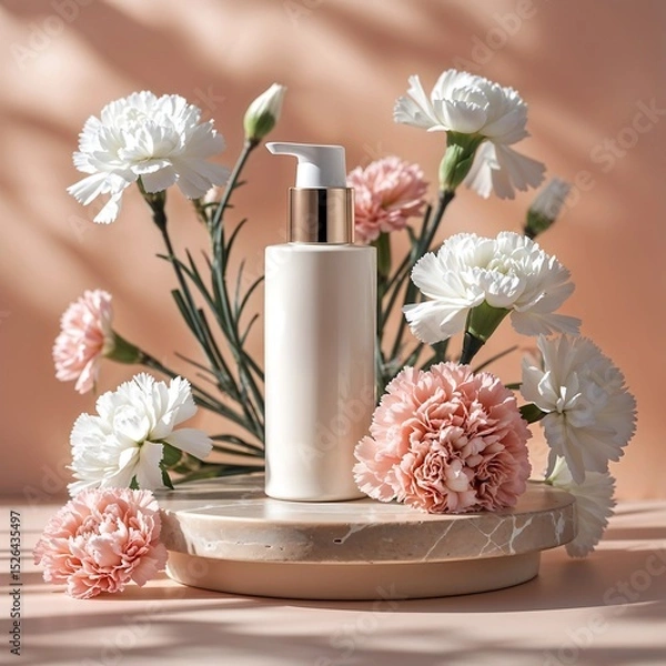 Fototapeta Elegant Skincare Bottle with Pump Dispenser Surrounded by Pink and White Carnations on Soft Blush Background
