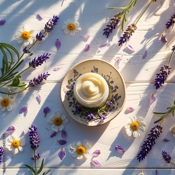 Fototapeta Floral Butter Plate with Lavender and Chamomile in Morning Light