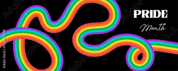 Obraz LGBT progress flag banner. Abstract wave ribbon in rainbow flag colors on isolated black background with copy space. Vector design template for pride month poster, card