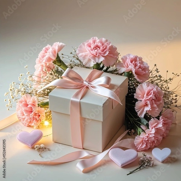 Fototapeta Romantic Gift Box with Pink Carnations and Heart Decorations on Soft Background