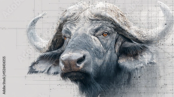 Fototapeta A striking stock image of a buffalo with emphasis on its head, set against a clean white background. Generative AI