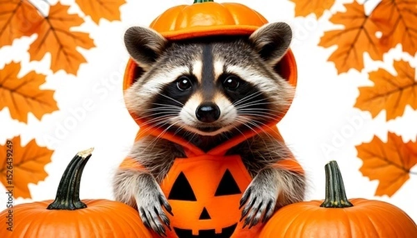 Fototapeta A raccoon wearing a pumpkin hat sits inside a carved pumpkin. Surrounding it are orange pumpkins and autumn leaves, creating a festive Halloween atmosphere.