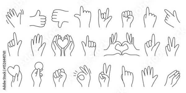 Fototapeta Set of minimal outlined hand gesture illustrations representing various signs and expressions. Ideal for use in creative projects, communication design, emotions, and symbolic visual content