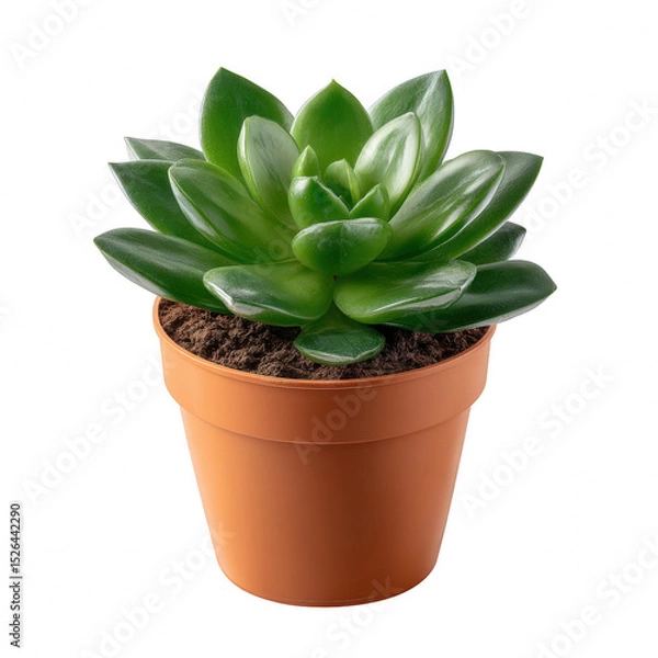 Fototapeta A vibrant succulent plant in a brown terracotta pot. The lush green leaves create a striking contrast against the earthy soil, perfect for adding a touch of nature to any space.