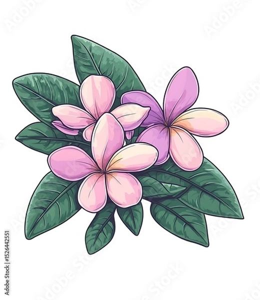 Obraz Vector sticker, a simple design of frangipani flowers in purple and pink on a white background