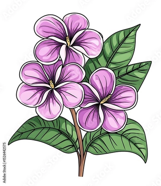 Obraz Vector sticker, a simple design of frangipani flowers in purple and pink on a white background