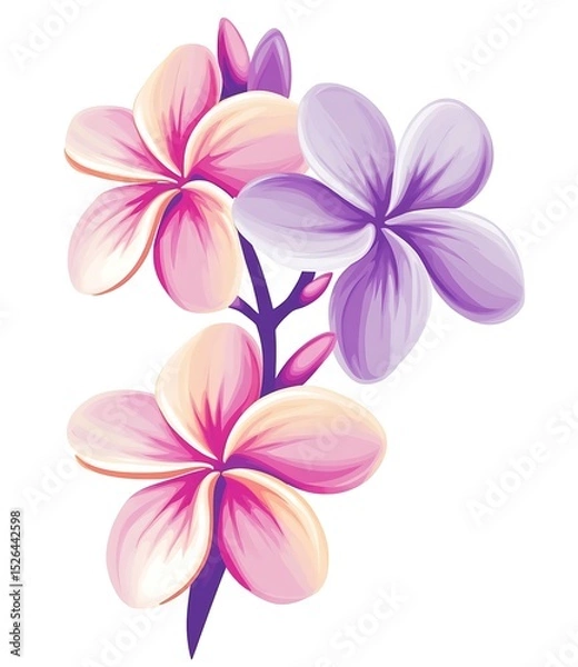 Obraz Vector sticker, a simple design of frangipani flowers in purple and pink on a white background