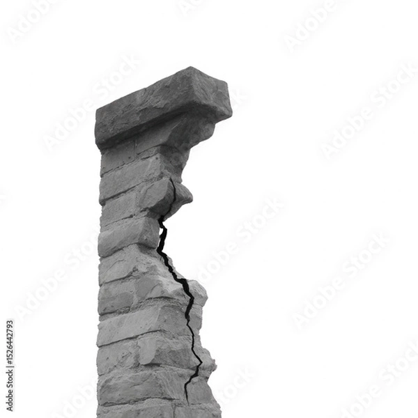 Fototapeta A weathered stone pillar with cracks on a white isolated background, showcasing the texture and details of ancient architecture.