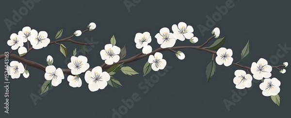 Obraz White apricot blossoms, an embroidery pattern design for a t-shirt with a dark gray background color