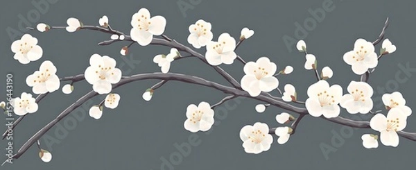 Obraz White apricot blossoms, an embroidery pattern design for a t-shirt with a dark gray background color
