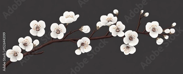 Obraz White apricot blossoms, an embroidery pattern design for a t-shirt with a dark gray background color