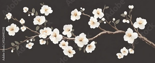 Obraz White apricot blossoms, an embroidery pattern design for a t-shirt with a dark gray background color