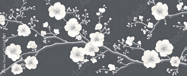 Obraz White apricot blossoms, an embroidery pattern design for a t-shirt with a dark gray background color