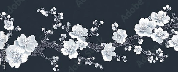 Obraz White apricot blossoms, an embroidery pattern design for a t-shirt with a dark gray background color