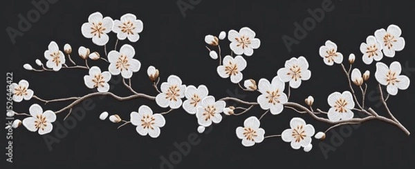 Obraz White apricot blossoms, an embroidery pattern design for a t-shirt with a dark gray background color