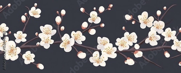 Obraz White apricot blossoms, an embroidery pattern design for a t-shirt with a dark gray background color