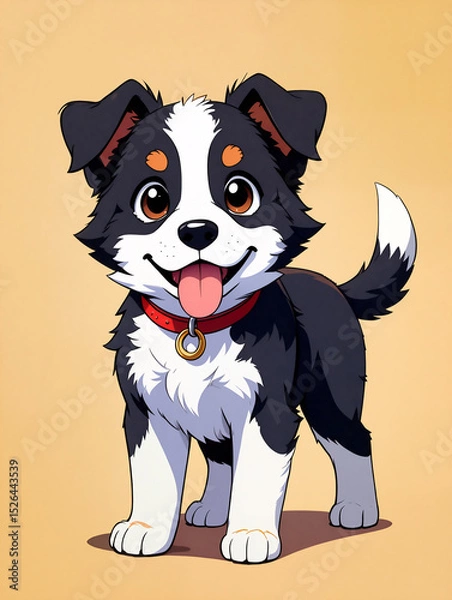 Obraz A lively black and white cartoon puppy with bright eyes stands proudly, showcasing its playful nature and friendly demeanor against a plain backdrop. flat pet illustration. Generative AI.