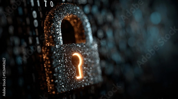 Fototapeta A glowing digital lock floats amidst cascading binary code, visually symbolizing artificial intelligence copyright protection. Generative AI