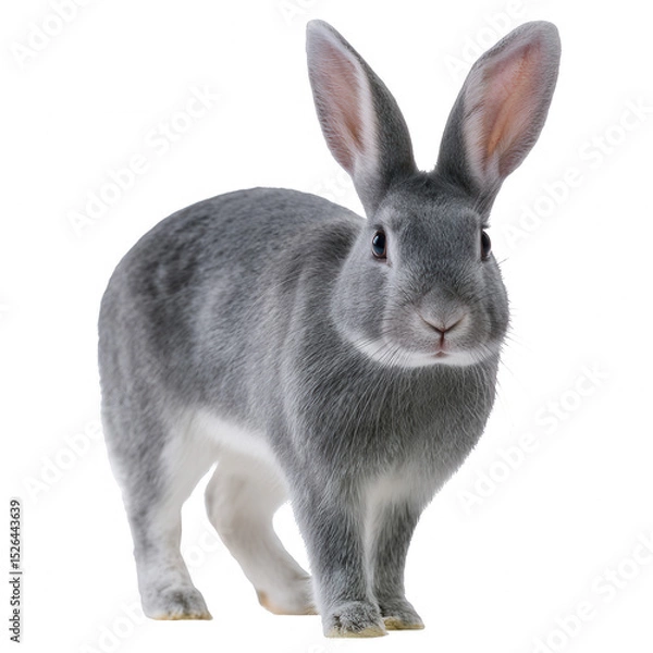 Fototapeta Adorable gray rabbit standing against a white isolated background, showcasing its fluffy fur and alert expression.