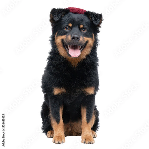 Fototapeta Adorable Rottweiler mix dog sitting with a cheerful expression, showcasing its shiny black and tan fur. Ideal for pet lovers and animal enthusiasts.