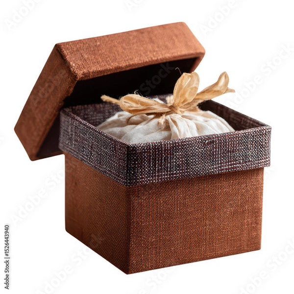 Fototapeta An elegant brown gift box with a textured exterior, partially open to reveal a delicate white fabric pouch inside, perfect for special occasions and celebrations.