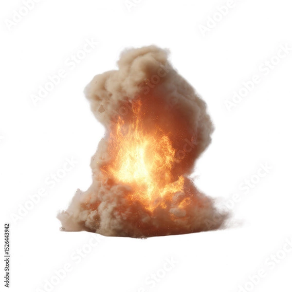 Fototapeta An explosive cloud of smoke and fire, illustrating a dramatic explosion against a white isolated background.