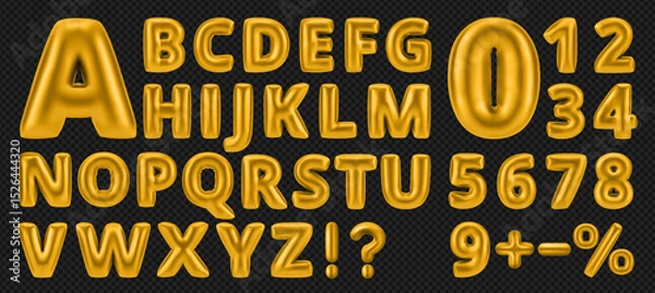 Obraz Gold y2k bubble font, balloon letter and english alphabet in playful style. Golden metal text effect for business. 3d inflated font and number for school kids, birthday party banner and social media.