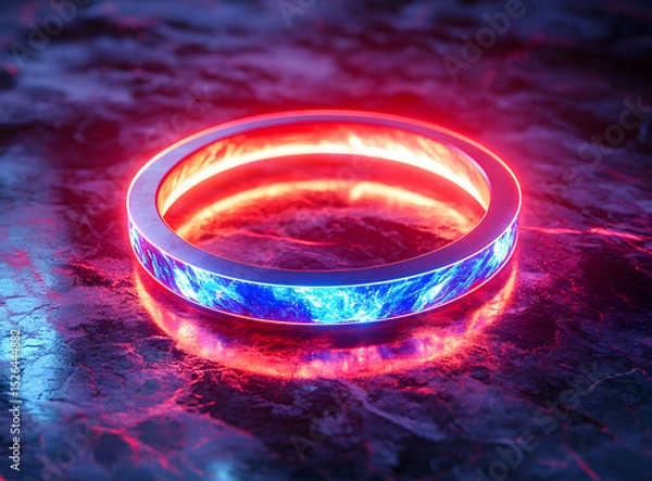 Obraz Glowing red and blue neon ring levitates above a dark reflective surface, emitting vibrant light streaks. A futuristic and energetic scene.
